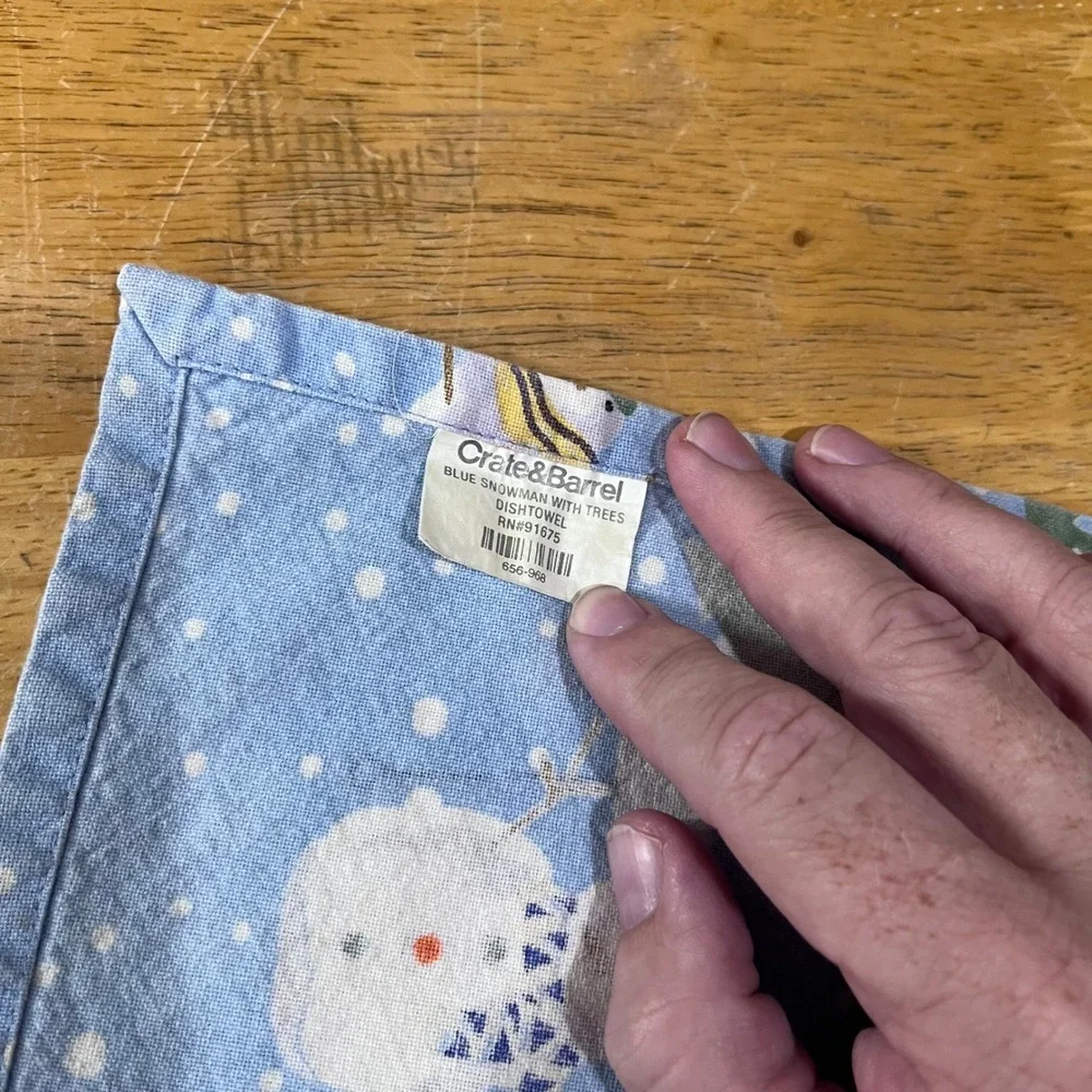 Crate & Barrel Blue Snowman Trees Cotton Kitchen Towels Set of 2 Vtg Holiday